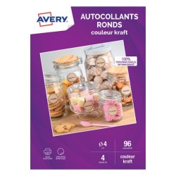 Sachet de 96 autocollants ronds kraft brun. Diamètre 4cm. Impression jet d'encre & laser