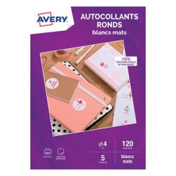 Klevende sticker voor inkjetprinter Ø 4 cm Avery mat wit - 120 stuks per zakje