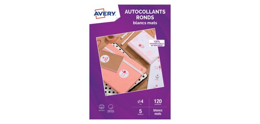 Pastille adhésive jet d'encre rond Ø 4 cm Avery blanc mat - Sachet de 120