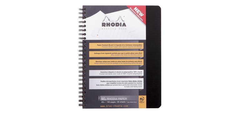 Meetingbook Rhodiactive 90g reliure intégrale A5+ 160 pages microperforé non perforé - Noir