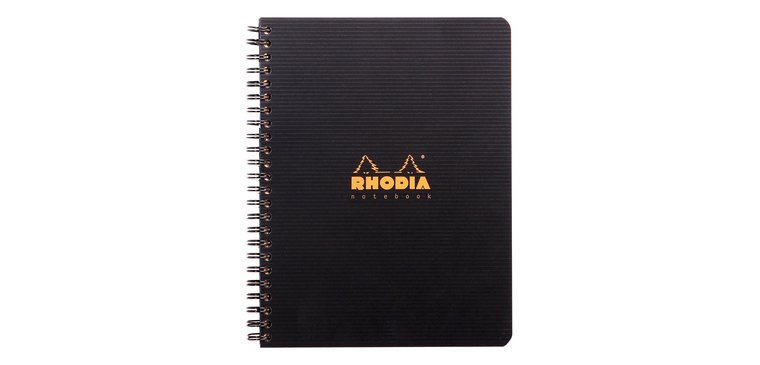Cahier spirale Rhodiactive  Notebook 14,8 x 21 cm noir ligné avec marge et cadre en-tête - 160 pages