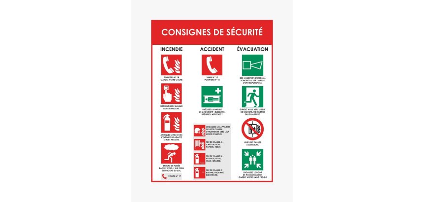 Panneau consignes de securite pvc souple incendie accident  evacuation 40x30cm blanc      rouge