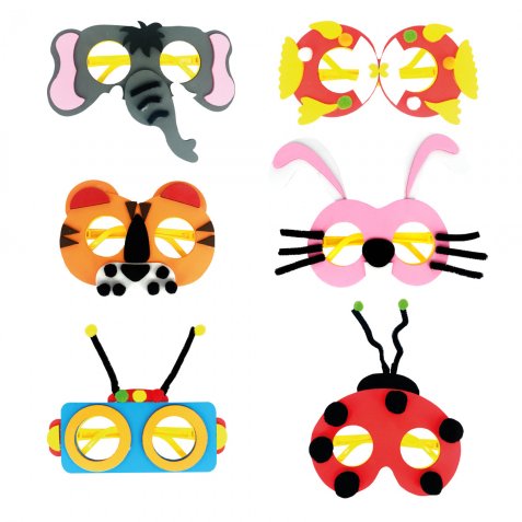Kit de 24 Lunettes en mousse EVA lapin, éléphant, tigre, poisson, coccinelle, robot, 15/20x15cm