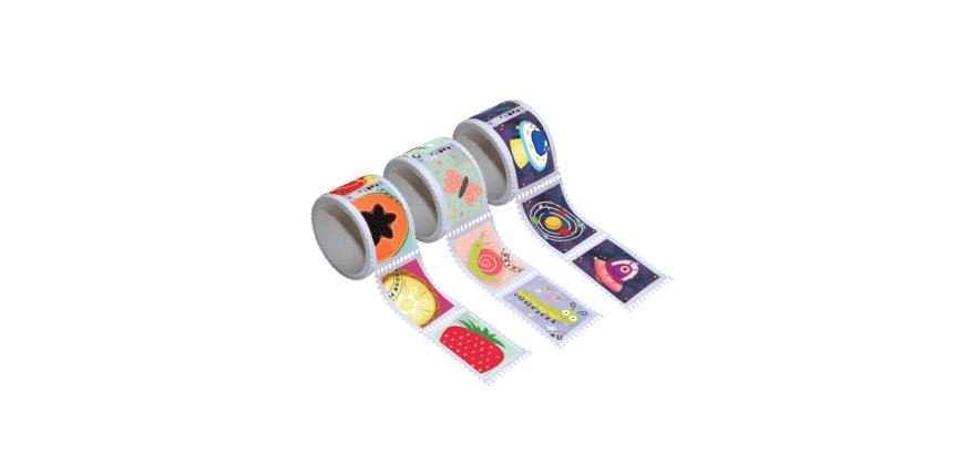 Pack 425 timbres sodertex adh sifs rouleau bons points  + cartable 2,5 mmx5m  3       rouleaux assortis