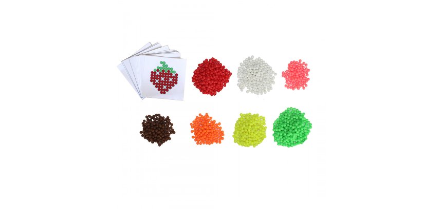 Pack de 1500 Aqua Perles Fruits D3 mm, 7 coloris assortis + 10 feuilles modèles 7,8 x 7,8 cm