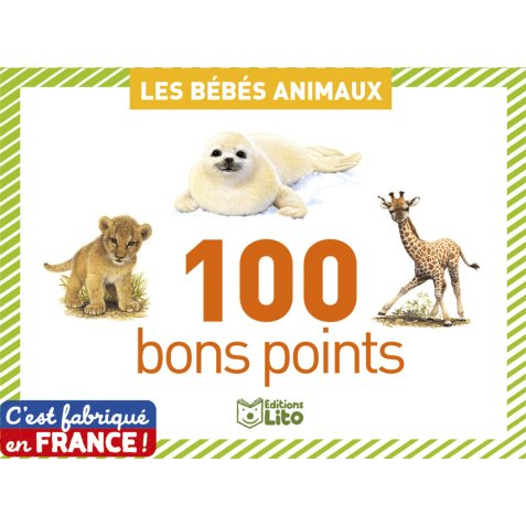 Boîte de 100 bons points bébés animaux, format 7,8 x 5,7 cm