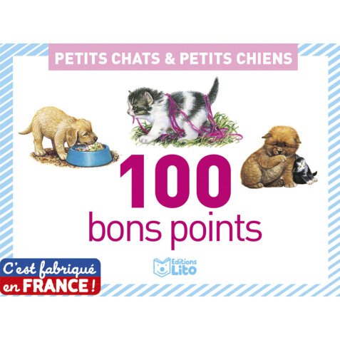 Boîte de 100 bons points chats chiens, 20 images par 5 ex avec texte documentaire au dos