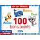 Boîte de 100 Bons points ABC, recto une lettre et un animal, verso une petite comptine