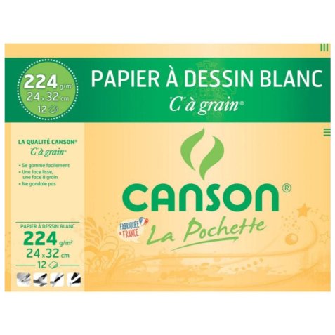 Pochette 12 feuilles papier dessin Blanc CàGrain 224g format 21x29,7cm