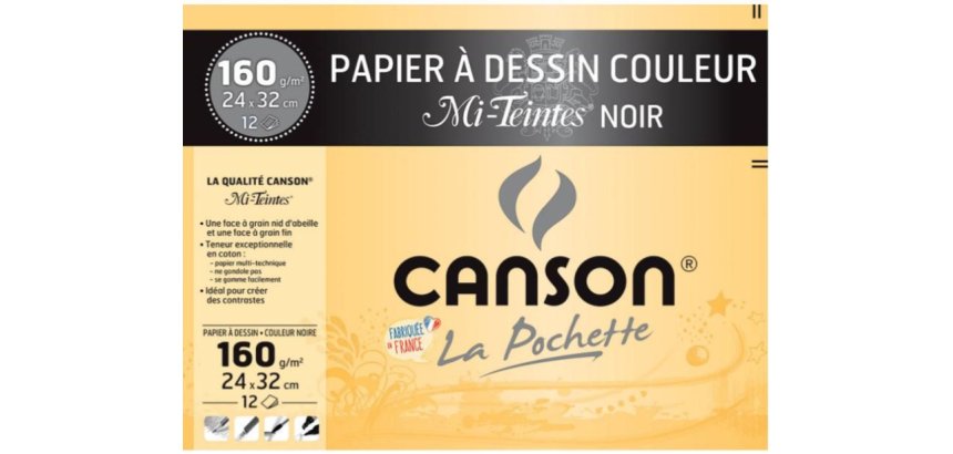 Papier dessin canson mi-teintes 160g a4+ unicolore noir pochette 12f