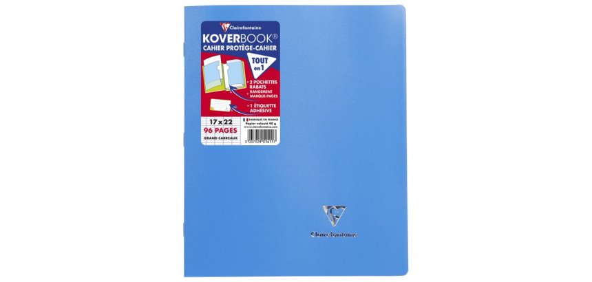 Cahier piqué Koverbook 17x22 cm 96 pages grands carreaux couverture polypropylène opaque 100% recyclé - Assortis