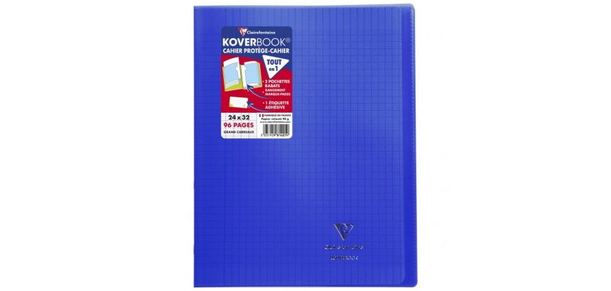 Cahier piqué Koverbook 24x32cm 96 pages grands carreaux couverture polypropylène transparent - Assortis