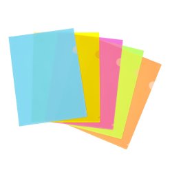 Sachet 10 pochettes coin A4 Happy Fluo en polypropylène 13/100ème. Coloris assortis