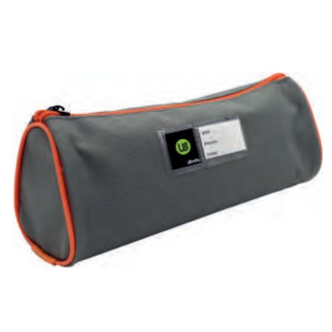 Trousse écolier ronde - étiquette personnalisable - coloris Gris/Orange