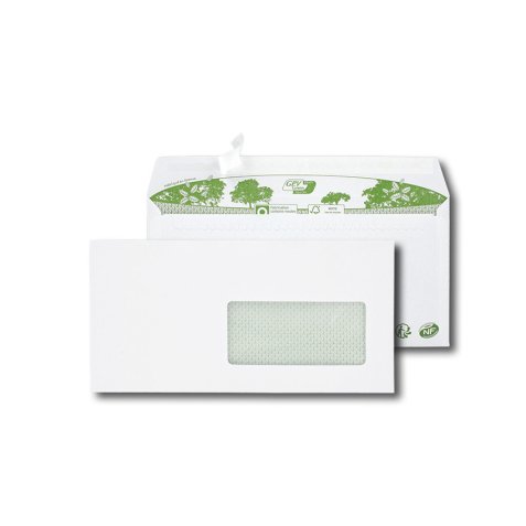 Boîte de 500 enveloppes recyclées extra Blanches Erapure, format DL 110x220mm fenêtre 45x100mm 80g