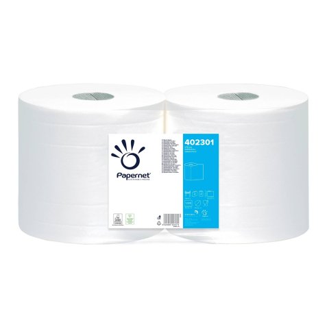 Paquet de 2 Bobines d'essuyage industrielle 2 plis pure cellulose, 1000 formats L305m Blanc