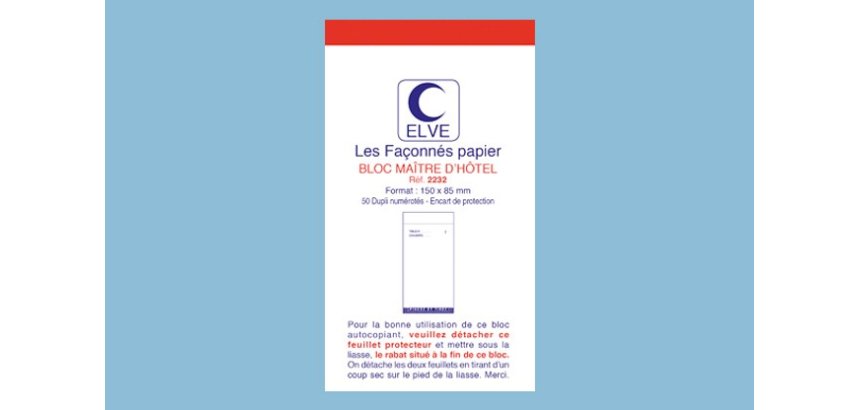Bloc maître d'hôtel elve papier autocopiant numéroté 1/50 85x150mm 50 duplis bleu rouge