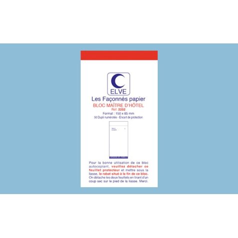 Bloc maître d'hôtel elve papier autocopiant numéroté 1/50 85x150mm 50 duplis bleu rouge