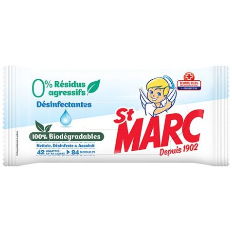 Paquet de 42 lingettes biodégradables 0% résidus. Nettoient, désinfectent et assainissent