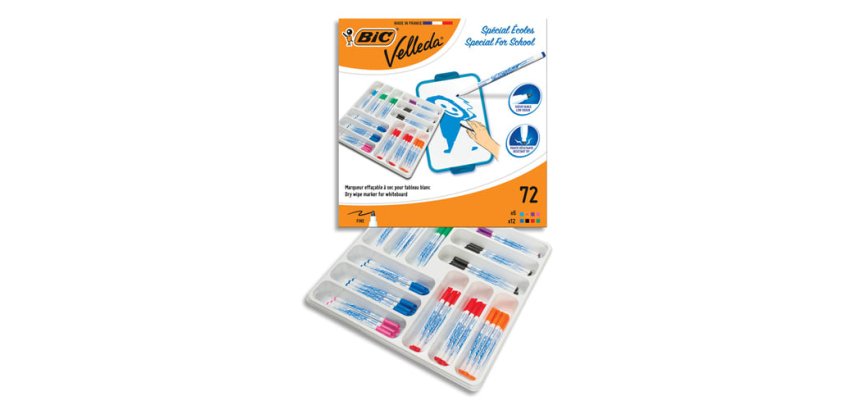 Marqueur bic velleda 1721 effaçable pointe ogive 1mm encre alcool sans odeur corps plastique coffret scolaire 72 feutres
