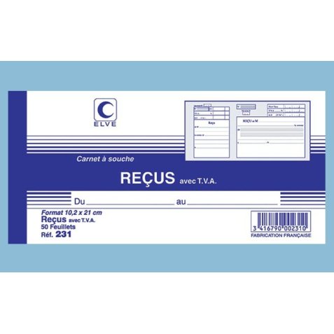 Carnet à souche ''reçu avec TVA'' format 10,5 x 21cm, 50 feuillets 231