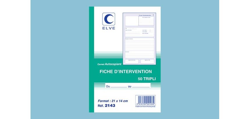 Carnet elve fiches intervention 21x14cm 50 feuillets numérotés en tripli original + 2 duplicata