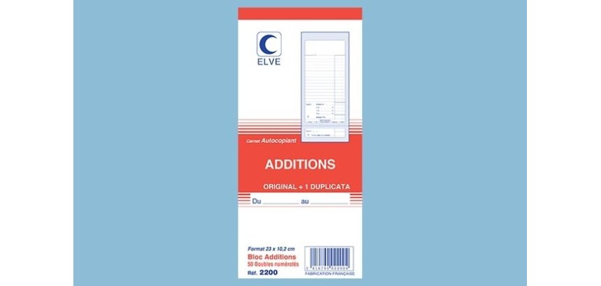 Bloc addition elve papier autocopiant 102x235mm 50 duplis avec numéro