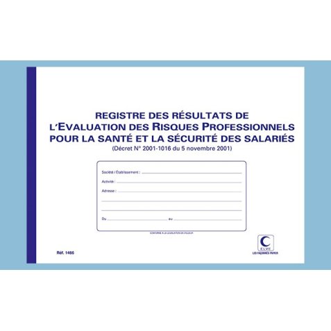 Registre elve resultats evaluation risques pro        210x297mm 29 tableaux ouverts foliotes 60 pages