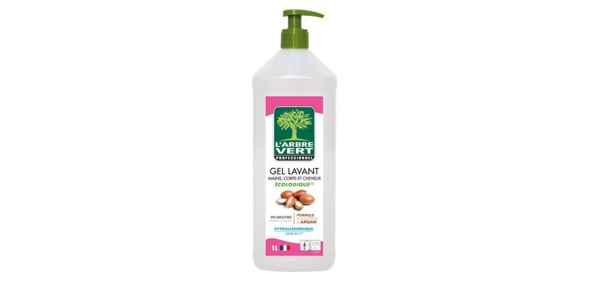 Gel lavant arbre vert mains corps cheveux senteur boisée aromatique utilisation fréquente sans allergène flacon 1l