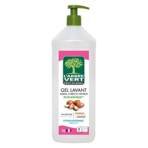 Gel lavant arbre vert mains corps cheveux senteur boisée aromatique utilisation fréquente sans allergène flacon 1l