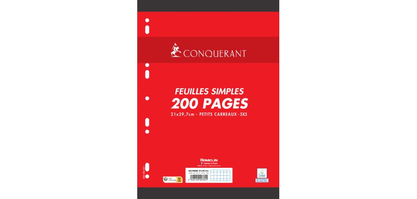 Feuillet mobile conquérant sept a4 210x297mm 200 pages 90g 5x5mm perforé coloris blanc