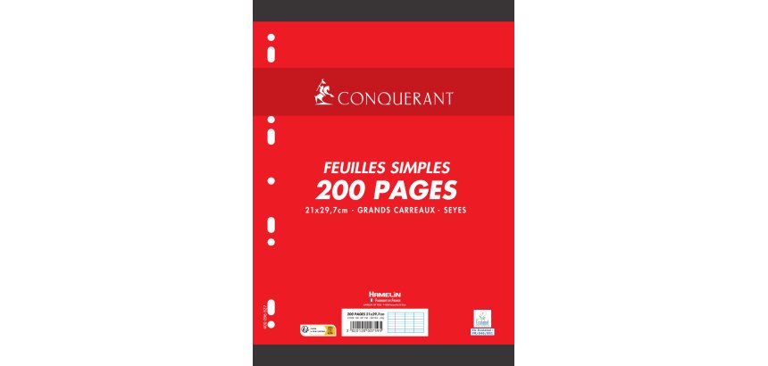 Feuillet mobile conquérant sept a4 210x297mm 200 pages 90g séyès perforé coloris blanc