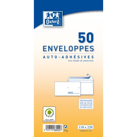 Paquet de 50 enveloppes Blanches pré-casées auto-adhésives 80g format 110x220mm DL