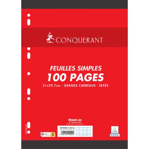 Feuilles simples Conquerant 7 perforees 210x297 film 100p 90g seyes