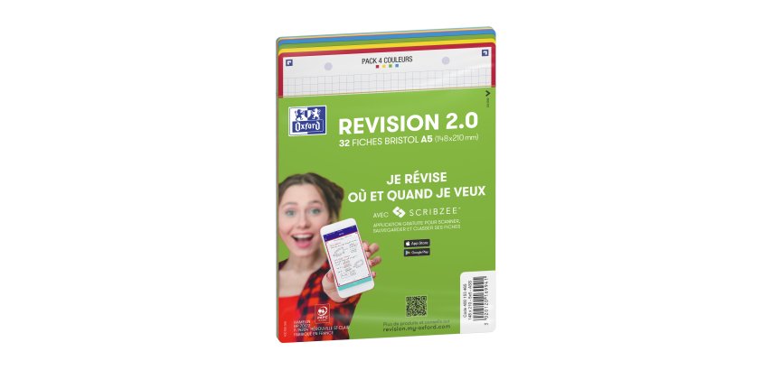 Fiche bristol 210 x 148 mm quadrillée 5 x 5 perforée couleurs assorties Oxford Révision 2.0 - Sachet de 32