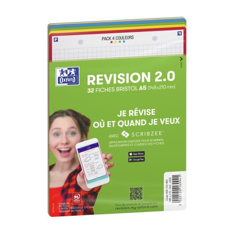 Fiche bristol 210 x 148 mm quadrillée 5 x 5 perforée couleurs assorties Oxford Révision 2.0 - Sachet de 32