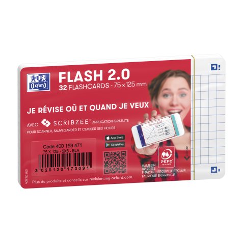 Fiches bristol flash 2.0 Oxford 75x125mm 32 fiches s/film quadrillé 5/5 cadre blanc