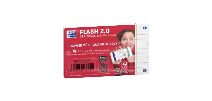 Fiches Bristol flash 2.0 Oxford 75x125mm 32 fiches s/film ligné 7mm cadre blanc
