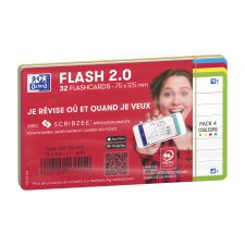 Fiches bristol flash 2.0 Oxford 75x125mm 32 fiches s/film ligné 7mm assorti pack