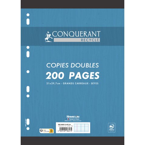 Copies Doubles Blanches Recyclées A4 Grands Carreaux Seyès 200 Pages Sous Film