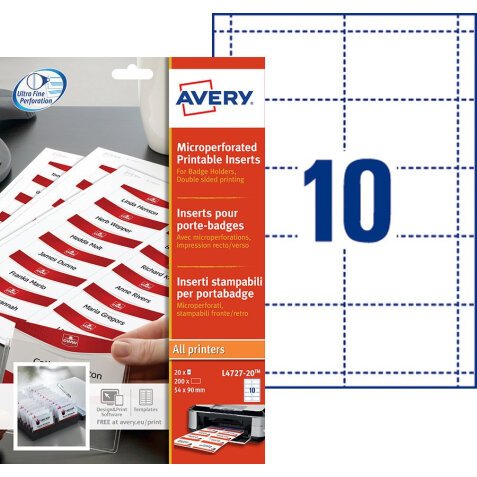 Boîte de 200 inserts pour badges imprimables microperforés 54 x 90 mm