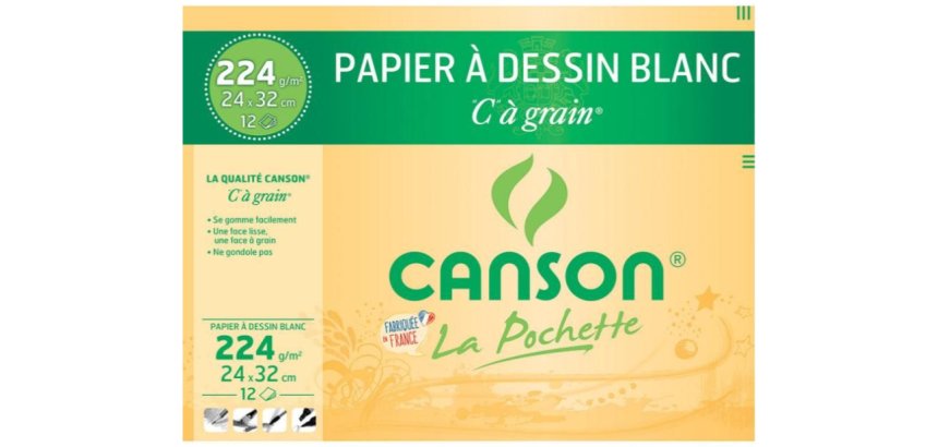 Pochette 12 feuilles papier dessin Canson C à Grain 21x29,7cm, 224 g/m²