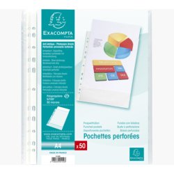 Sachet de 50 pochettes perforées polypropylène grainé 5/100e - A4 - Cristal