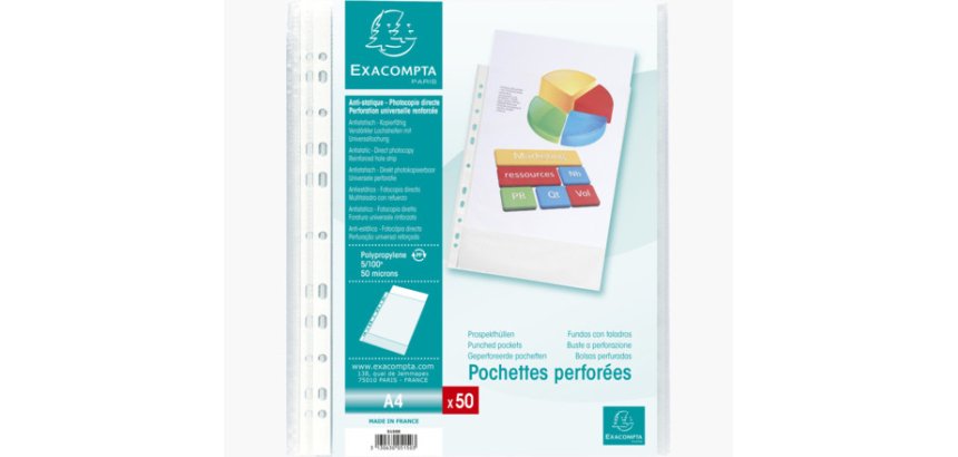 Sachet de 50 pochettes perforées polypropylène grainé 5/100e - A4 - Cristal