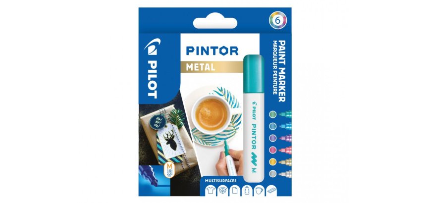 Marqueur pilot pintor peinture base d'eau ultra-couvrante multi surface pointe moyenne résistante set 6 coloris métal