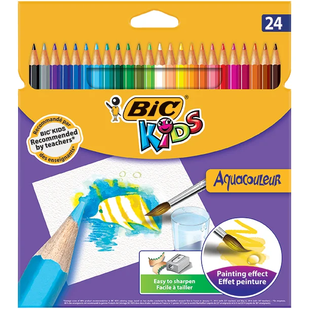Pochette 24 crayons de couleur aquarellable AQUACOULEUR. Corps 17,5cm.  Coloris assortis sur