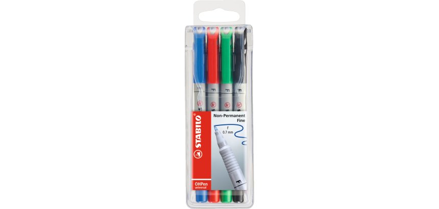 Stylo-feutre stabilo ohp pen soluble pointe fine 0.7mm couleurs assorties pochette 4 unités