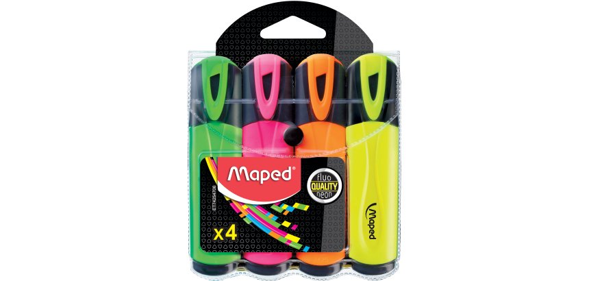 Surligneur maped fluo'peps fluorescent classique pochette 4 unités vert jaune rose orange