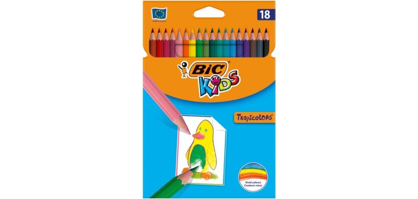 Crayon couleur bic kids tropicolors 2 175mm mine résistante pigmentée large palette coloris vifs étui carton 18 unités