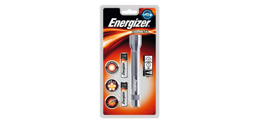Torche métal LED Gris autonomie 41 h portée 30 m avec deux piles AA fournies